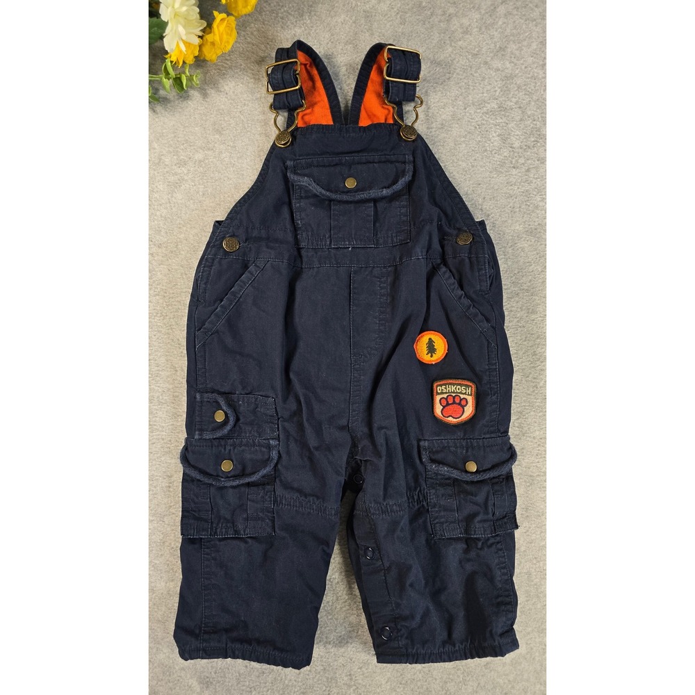OshKosh Y2K Cargo Fleece Lined Overalls Baby 3-6m Blue Camp Outdoor Patched